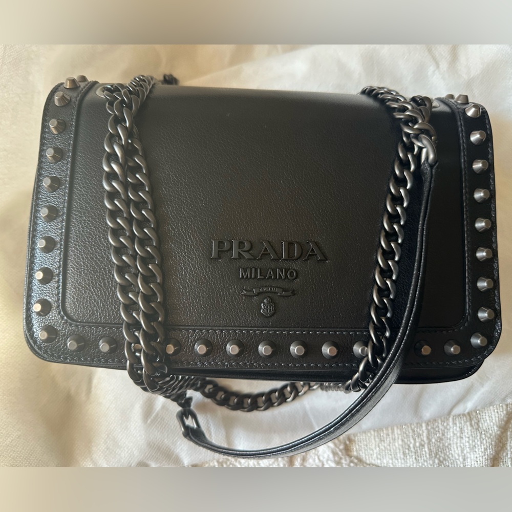 Prada black on black studded two way bag
